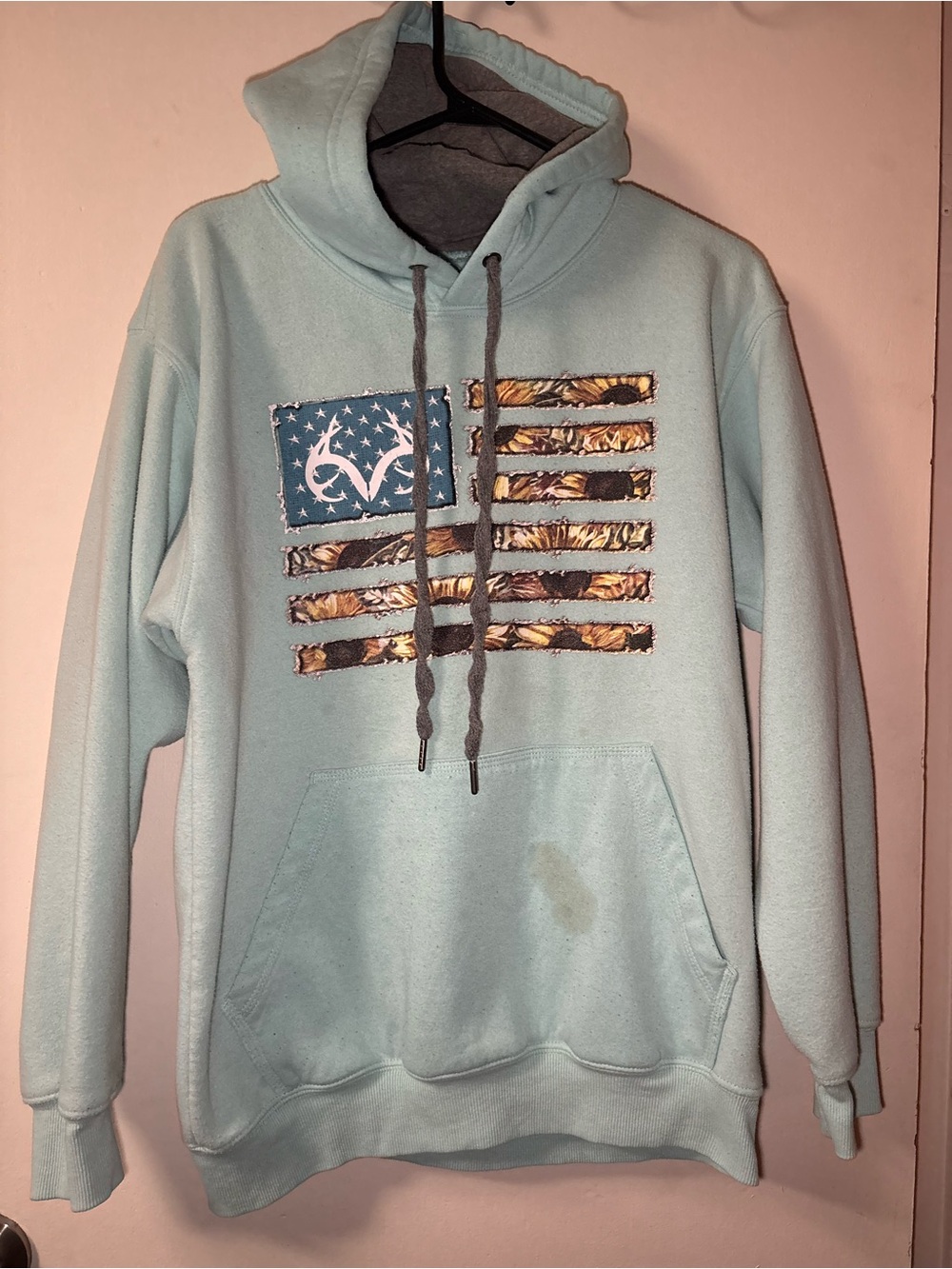 Realtree Light Blue Pullover Hoodie with Flag & Sunflower Stripes